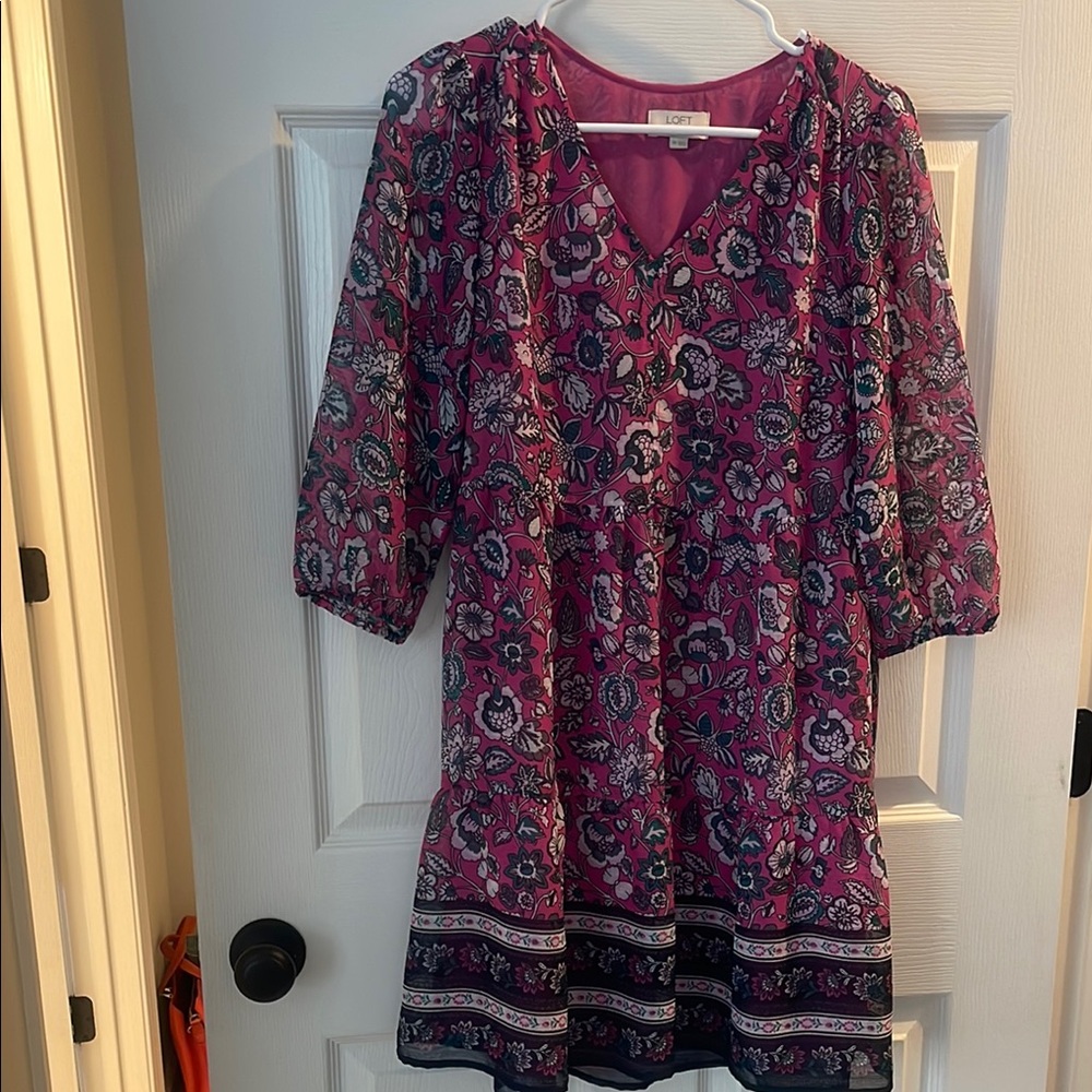 LOFT Vibrant Pink and Black Floral Dress
